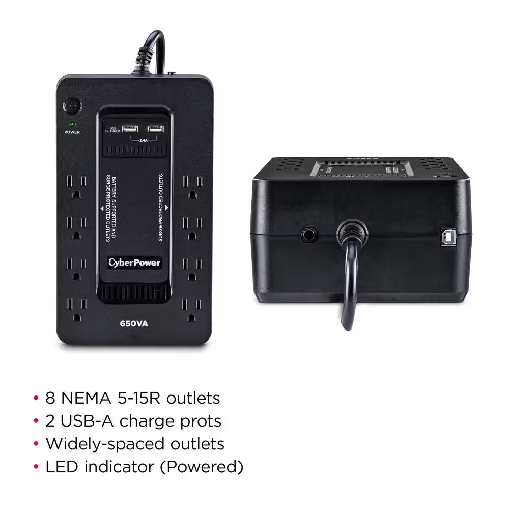 650VA 8-Outlet UPS Battery Backup with USB