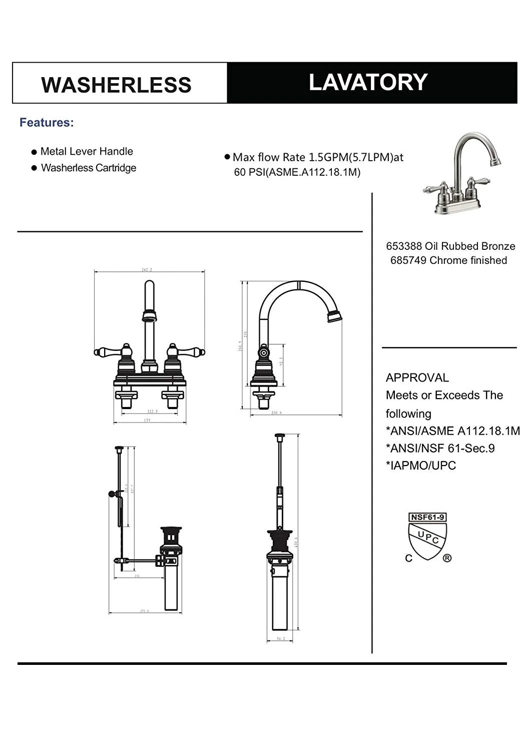 653388 Oil Rubbed Bronze Two Handle Lavatory Bathroom Vanity Faucet - Bathroom Sink Faucet with Matching Pop-Up Drain Trim Assembly